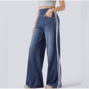 Halara Flex High Waisted Stripe Wide‎ Leg Flowy Casual Jeans Blue SMALL NWOT